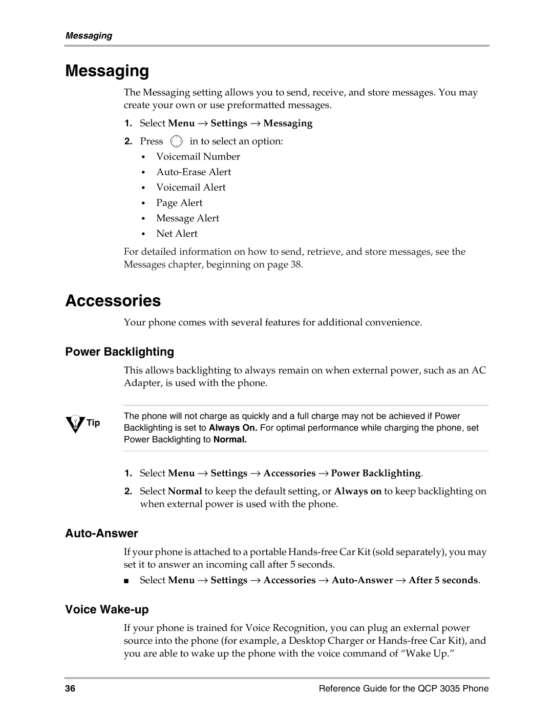Kyocera 3035 manual Messaging, Accessories, Power Backlighting, Auto-Answer, Voice Wake-up 