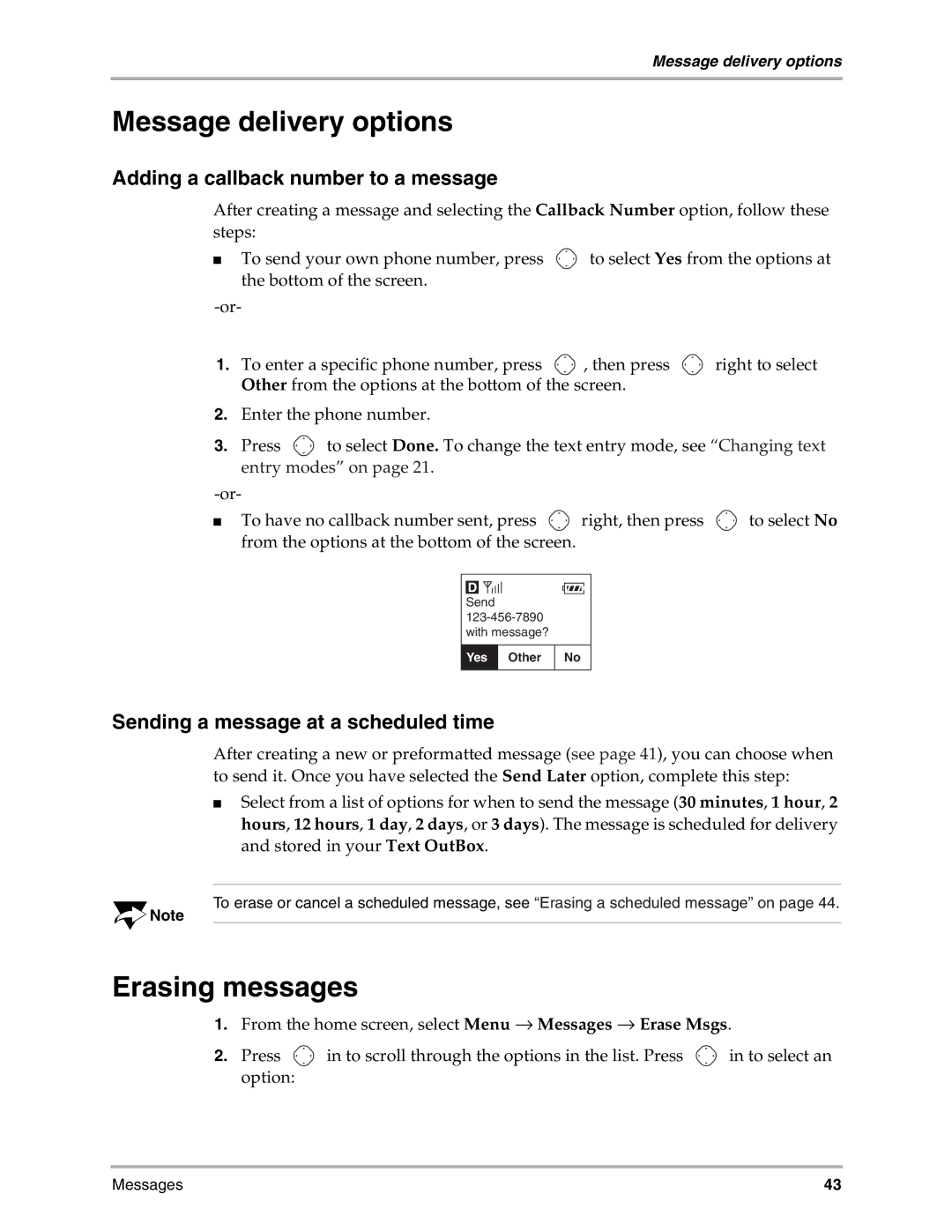 Kyocera 3035 manual Message delivery options, Erasing messages, Adding a callback number to a message 