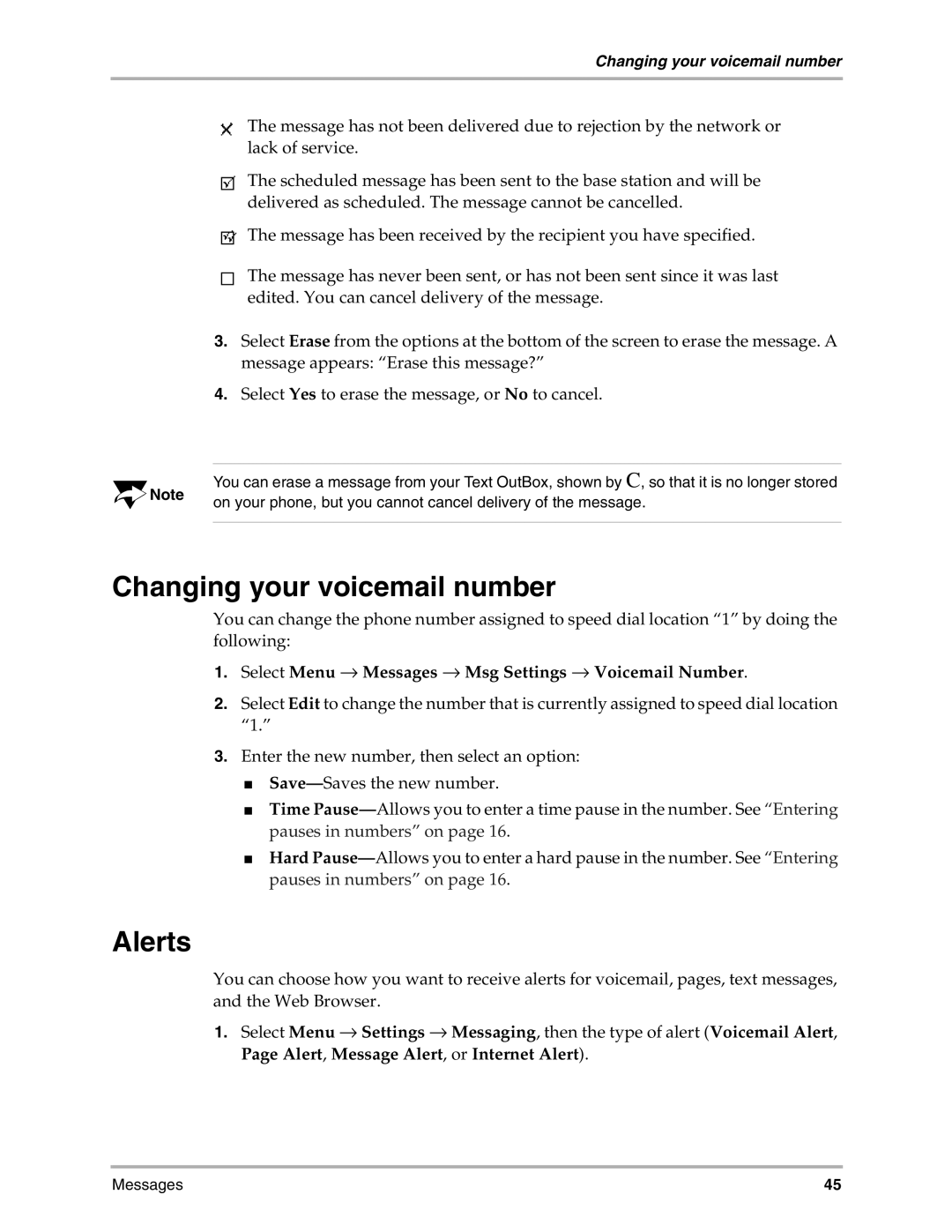 Kyocera 3035 manual Changing your voicemail number, Alerts, Select Menu → Messages → Msg Settings → Voicemail Number 