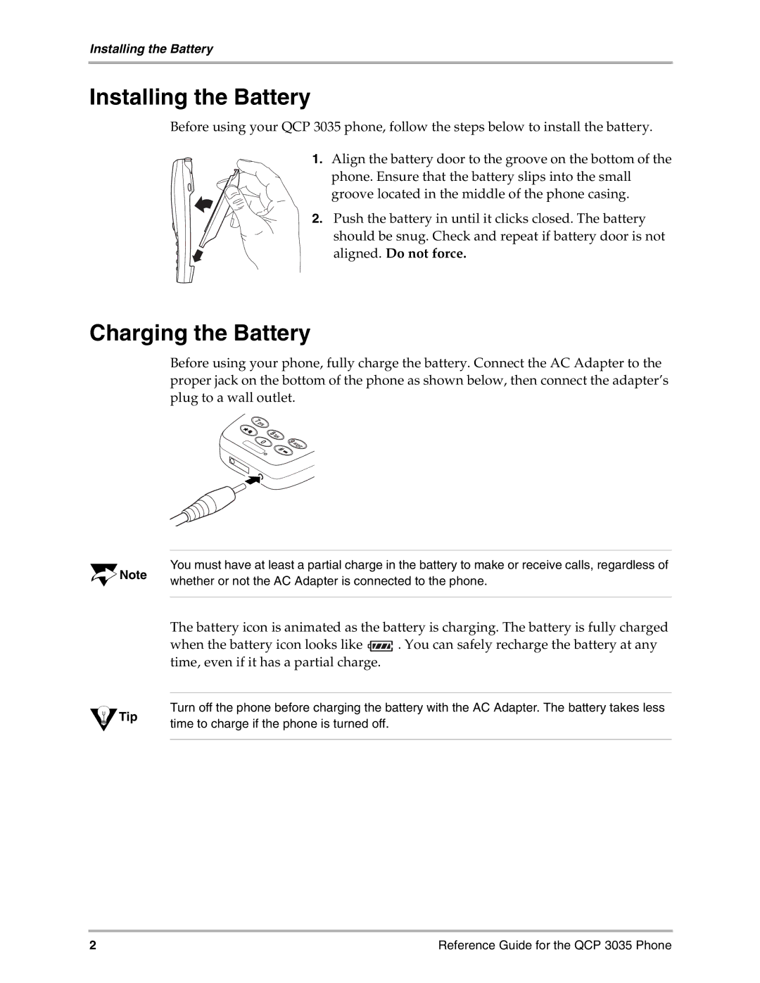 Kyocera 3035 manual Installing the Battery, Charging the Battery, Aligned. Do not force 