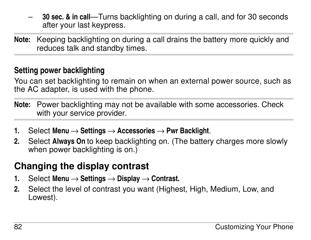 Kyocera 3225 manual Changing the display contrast, Setting power backlighting, Select Menu → Settings → Display → Contrast 