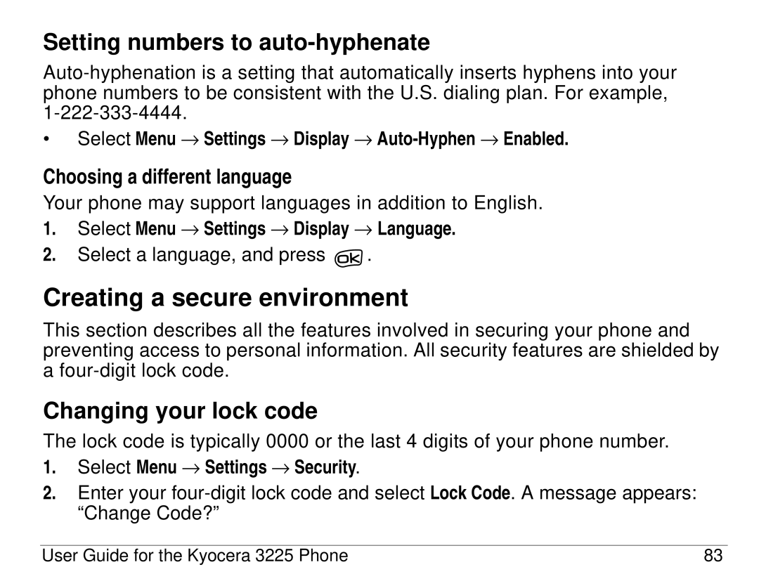 Kyocera 3200 series, 3225 manual Creating a secure environment, Setting numbers to auto-hyphenate, Changing your lock code 