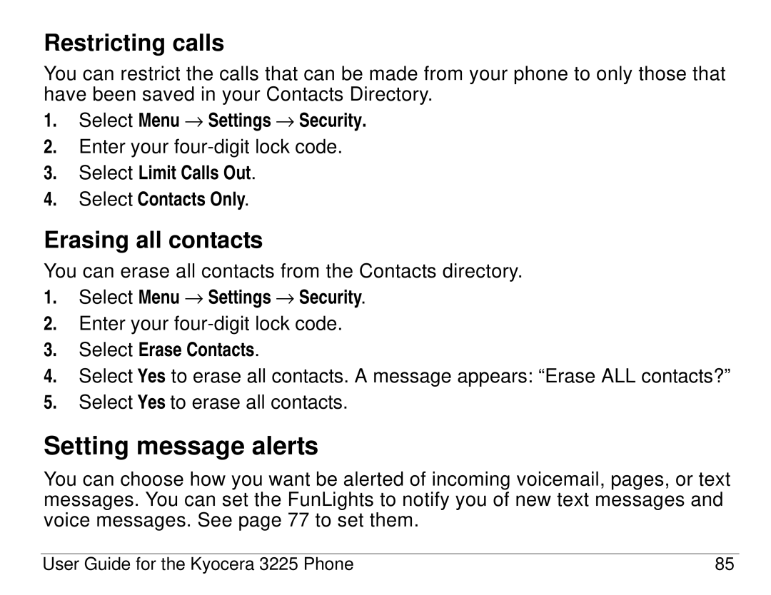 Kyocera 3200 series, 3225 manual Setting message alerts, Restricting calls, Erasing all contacts, Select Erase Contacts 