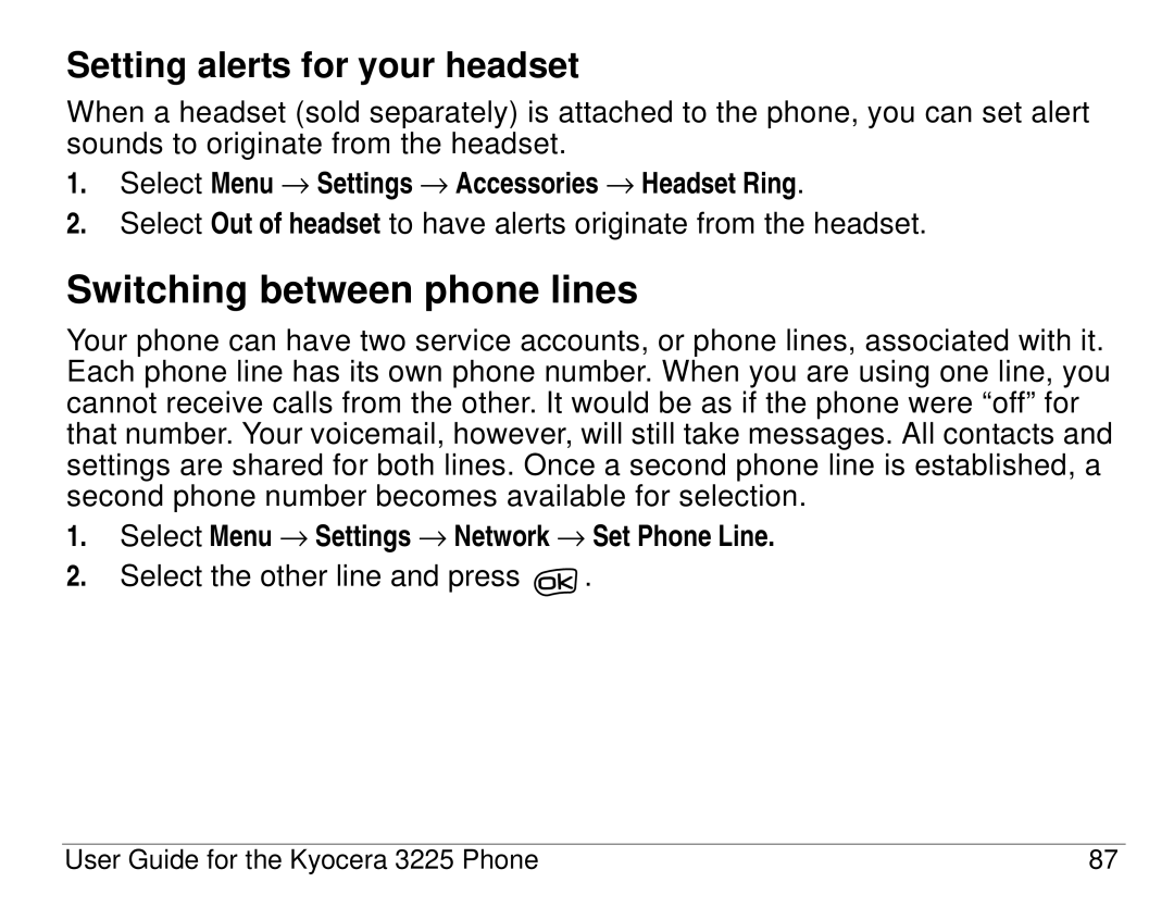 Kyocera 3200 series, 3225 manual Switching between phone lines, Setting alerts for your headset 