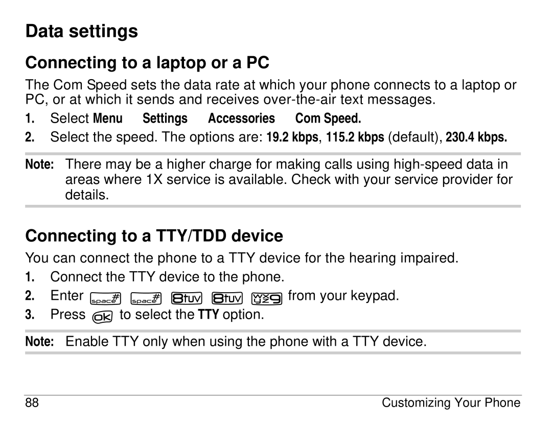 Kyocera 3225, 3200 series manual Data settings, Connecting to a laptop or a PC, Connecting to a TTY/TDD device 