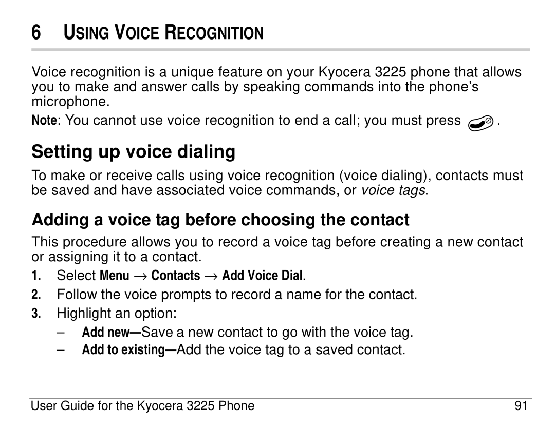 Kyocera 3200 series, 3225 manual Setting up voice dialing, Adding a voice tag before choosing the contact 