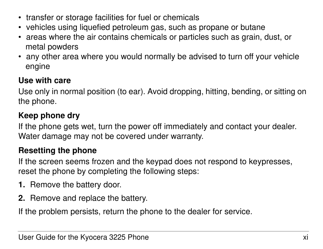 Kyocera 3200 series, 3225 manual Use with care, Keep phone dry, Resetting the phone 