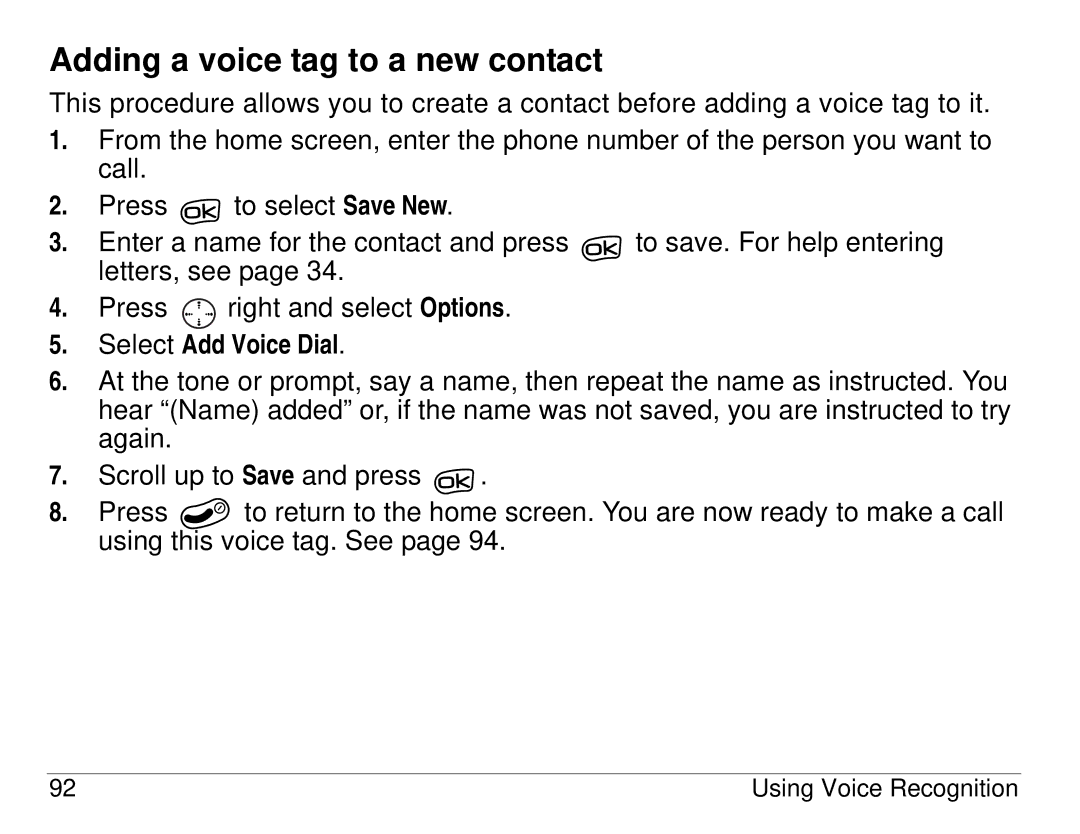 Kyocera 3225, 3200 series manual Adding a voice tag to a new contact, Select Add Voice Dial 