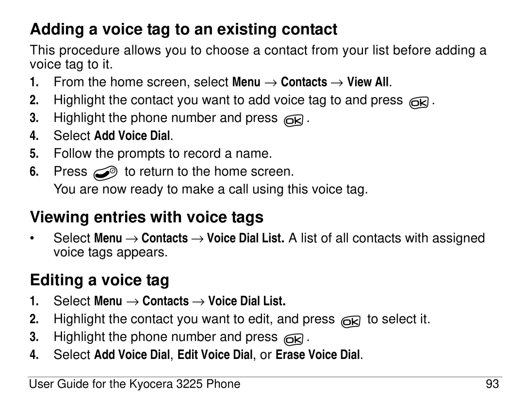 Kyocera 3200 series, 3225 Adding a voice tag to an existing contact, Viewing entries with voice tags, Editing a voice tag 