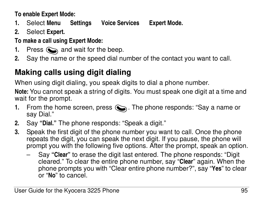 Kyocera 3200 series, 3225 manual Making calls using digit dialing, To make a call using Expert Mode 