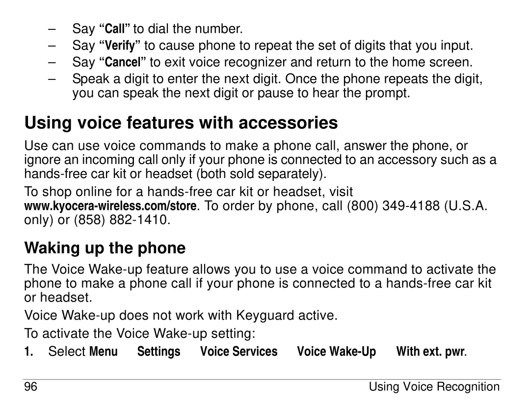 Kyocera 3225, 3200 series manual Using voice features with accessories, Waking up the phone 