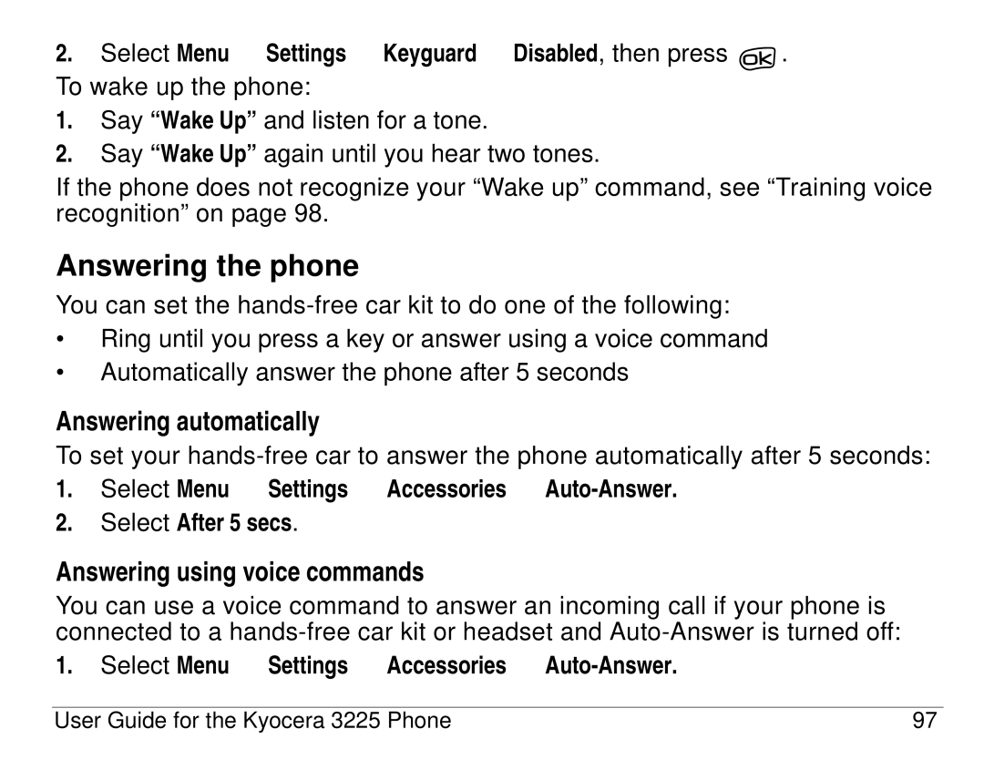 Kyocera 3200 series, 3225 manual Answering the phone, Answering automatically, Answering using voice commands 