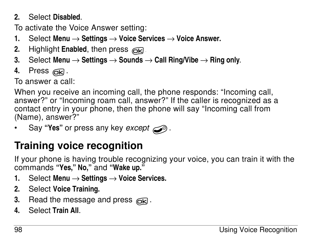 Kyocera 3225 manual Training voice recognition, Select Menu → Settings → Voice Services → Voice Answer, Select Train All 