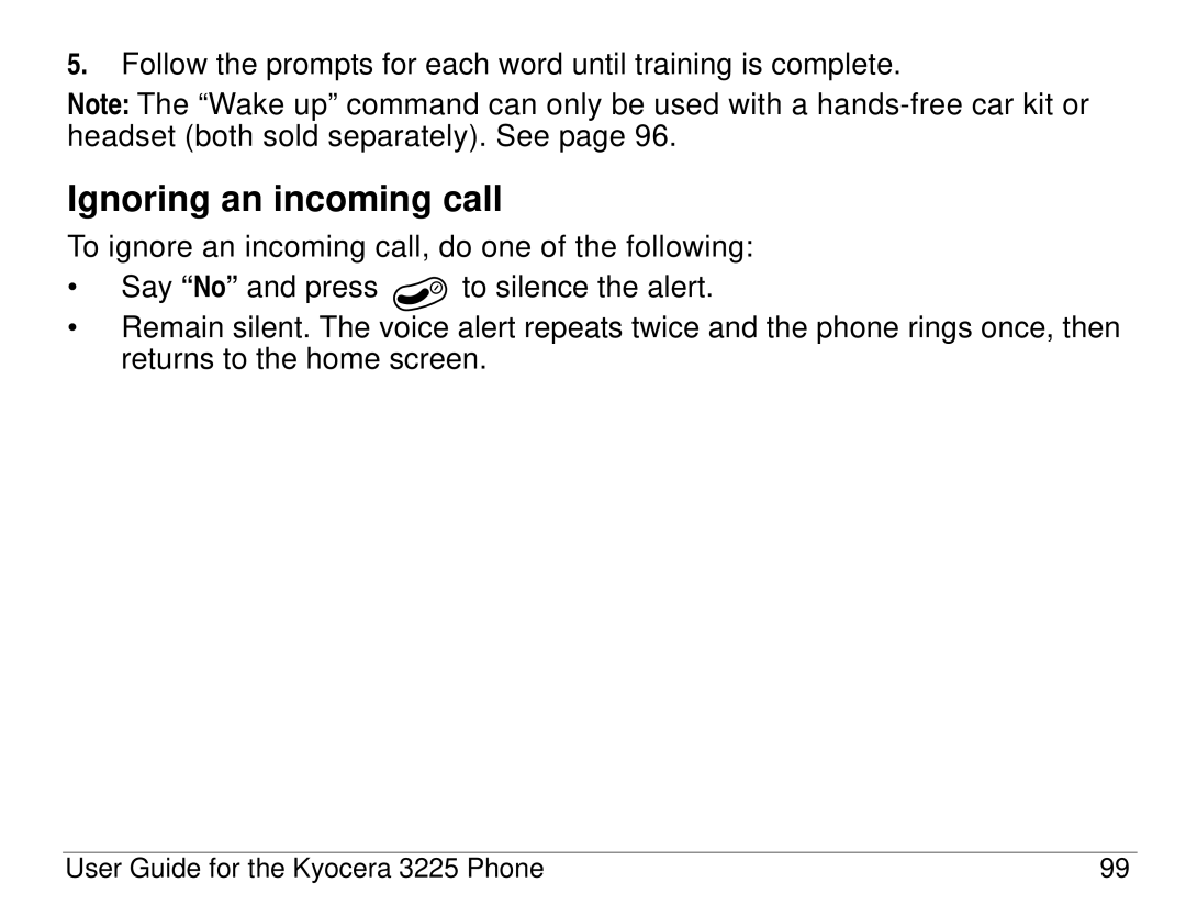 Kyocera 3200 series, 3225 manual Ignoring an incoming call 