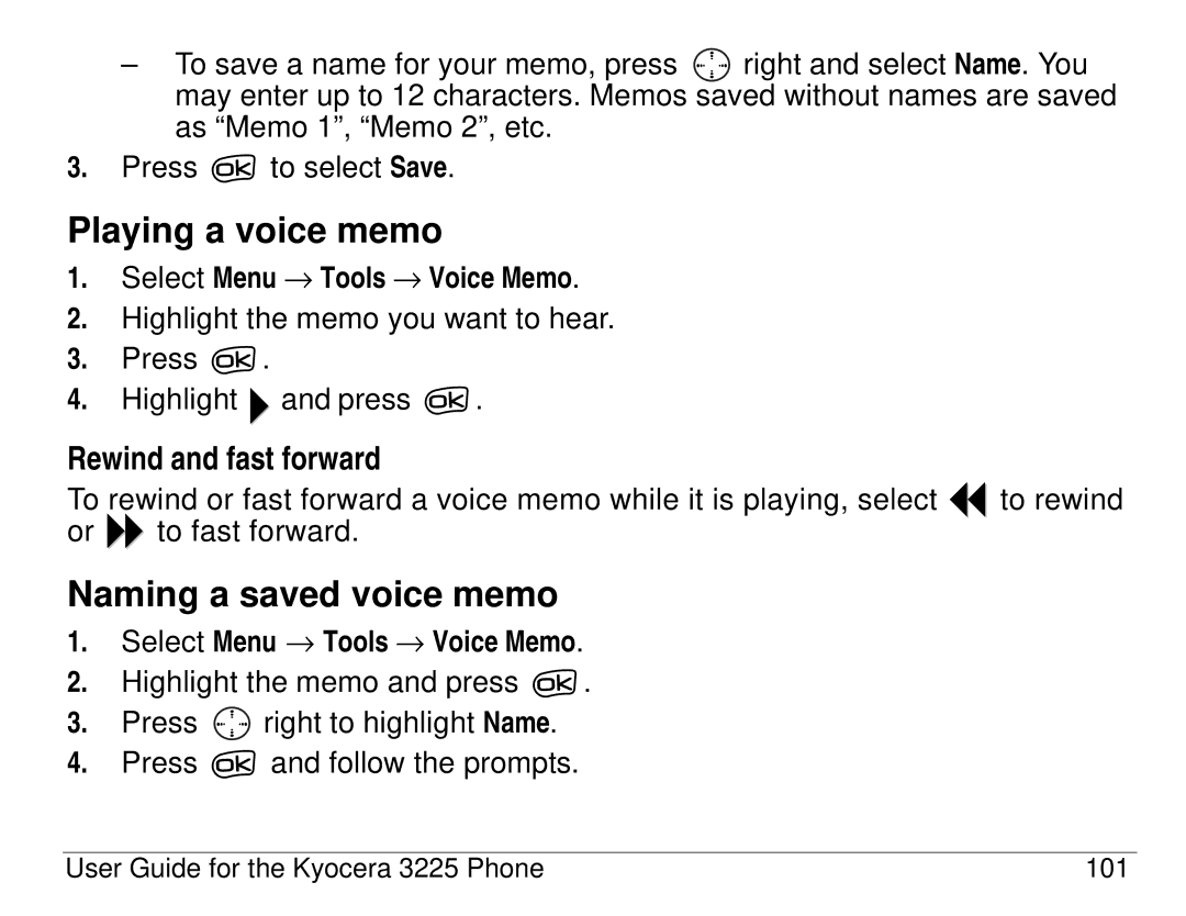 Kyocera 3200 series, 3225 manual Playing a voice memo, Naming a saved voice memo, Rewind and fast forward 