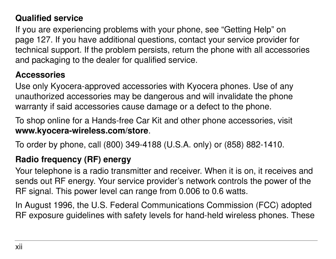 Kyocera 3225, 3200 series manual Qualified service, Accessories, Radio frequency RF energy 