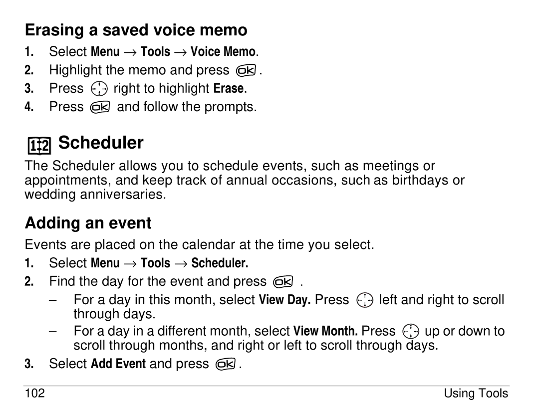 Kyocera 3225, 3200 series manual Erasing a saved voice memo, Adding an event, Select Menu → Tools → Scheduler 