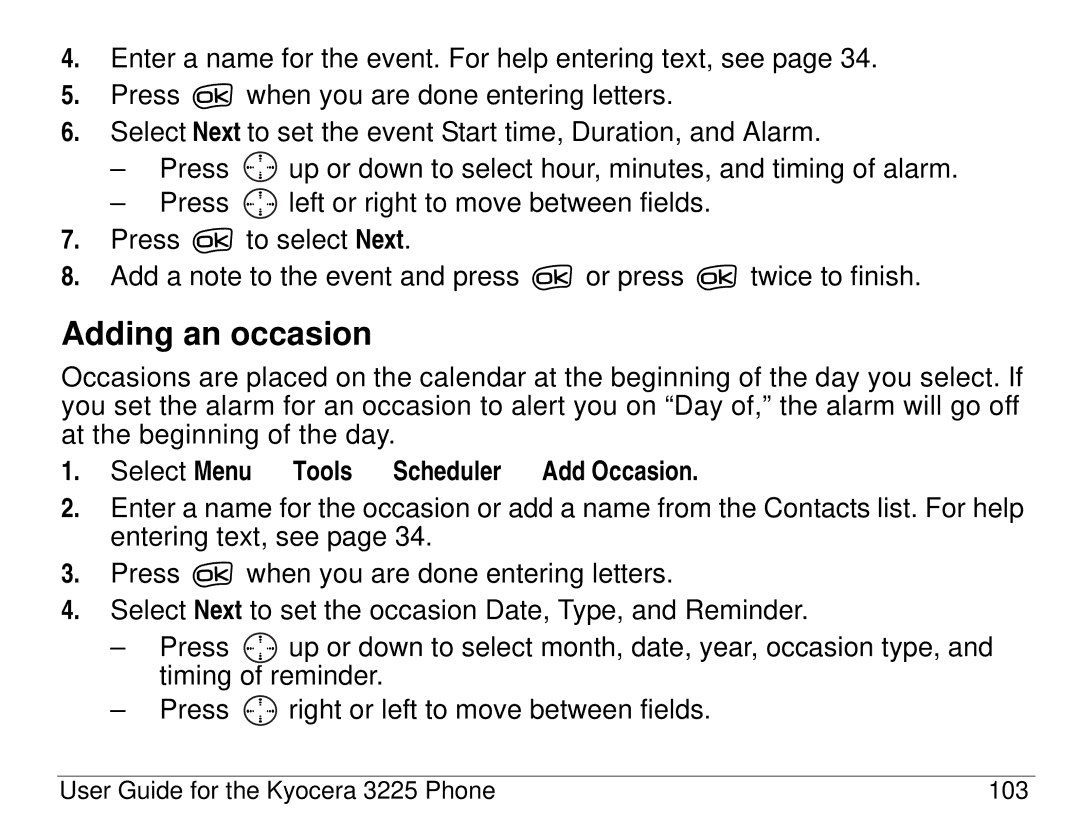 Kyocera 3200 series, 3225 manual Adding an occasion, Select Menu → Tools → Scheduler → Add Occasion 