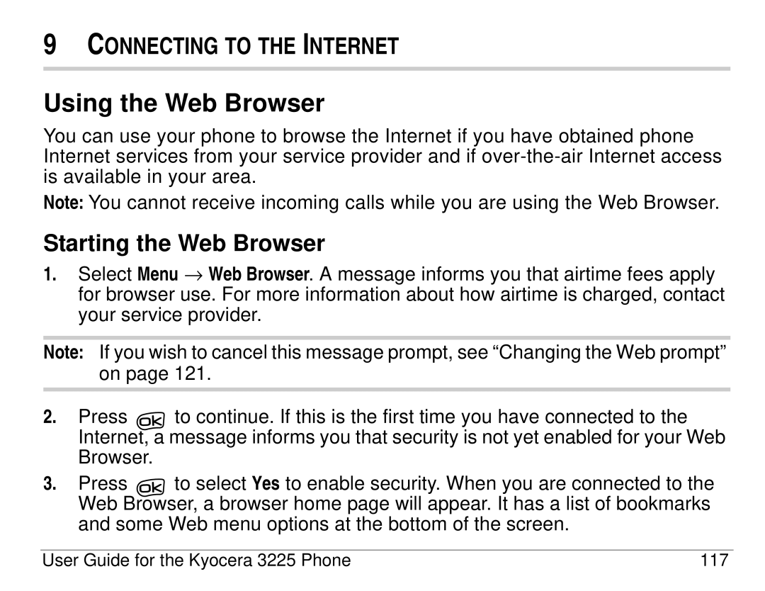 Kyocera 3200 series, 3225 manual Using the Web Browser, Starting the Web Browser 