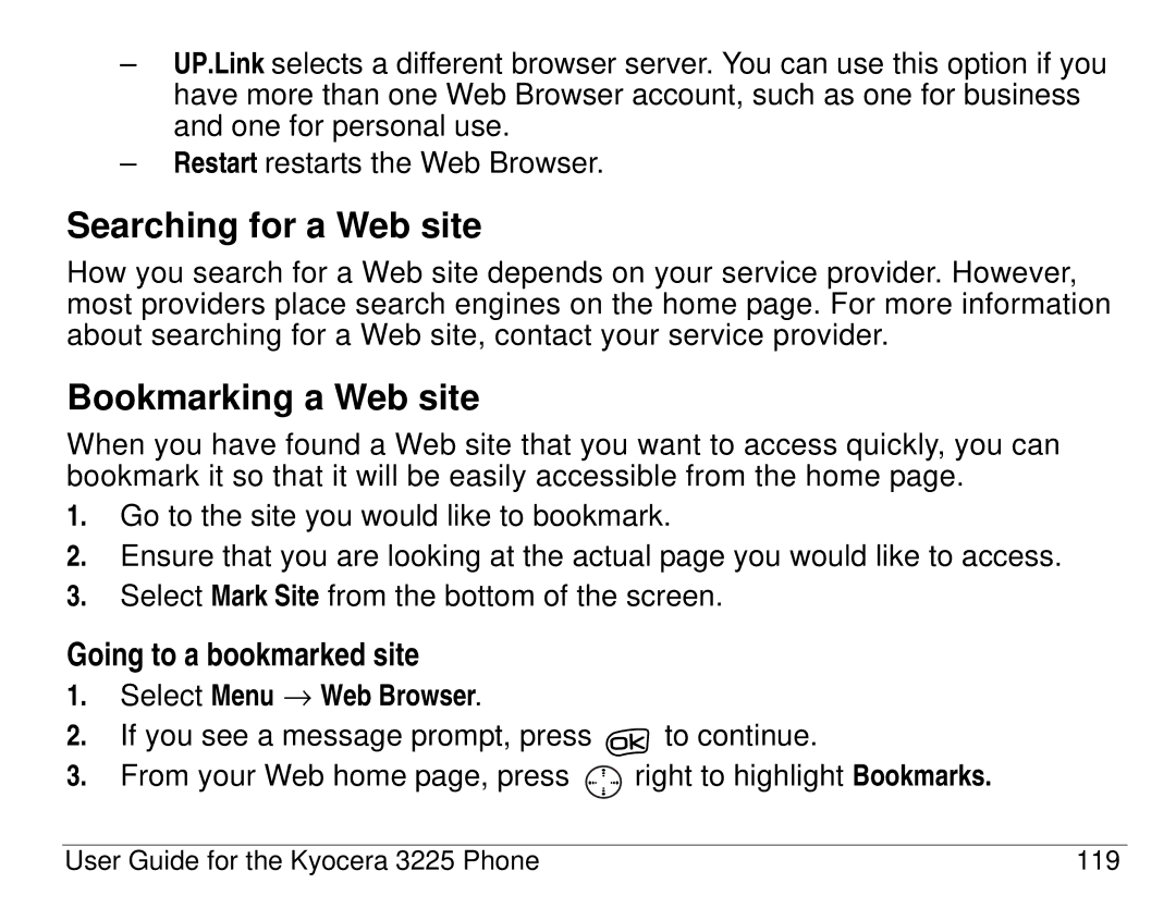 Kyocera 3200 series, 3225 manual Searching for a Web site, Bookmarking a Web site, Going to a bookmarked site 