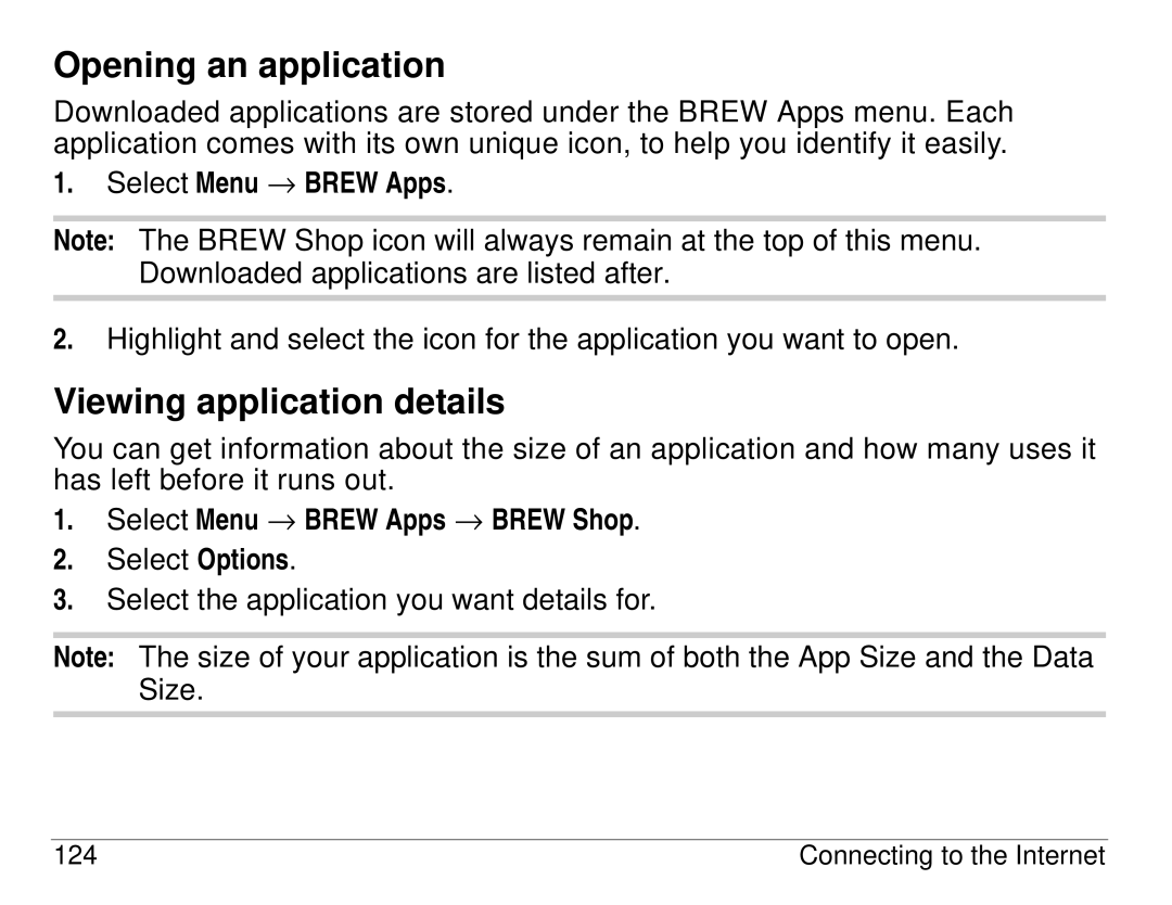 Kyocera 3225, 3200 series manual Opening an application, Viewing application details, Select Menu → Brew Apps 