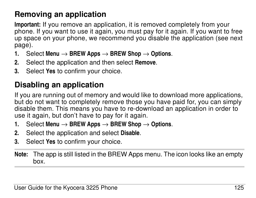 Kyocera 3200 series, 3225 Removing an application, Disabling an application, Select Menu → Brew Apps → Brew Shop → Options 