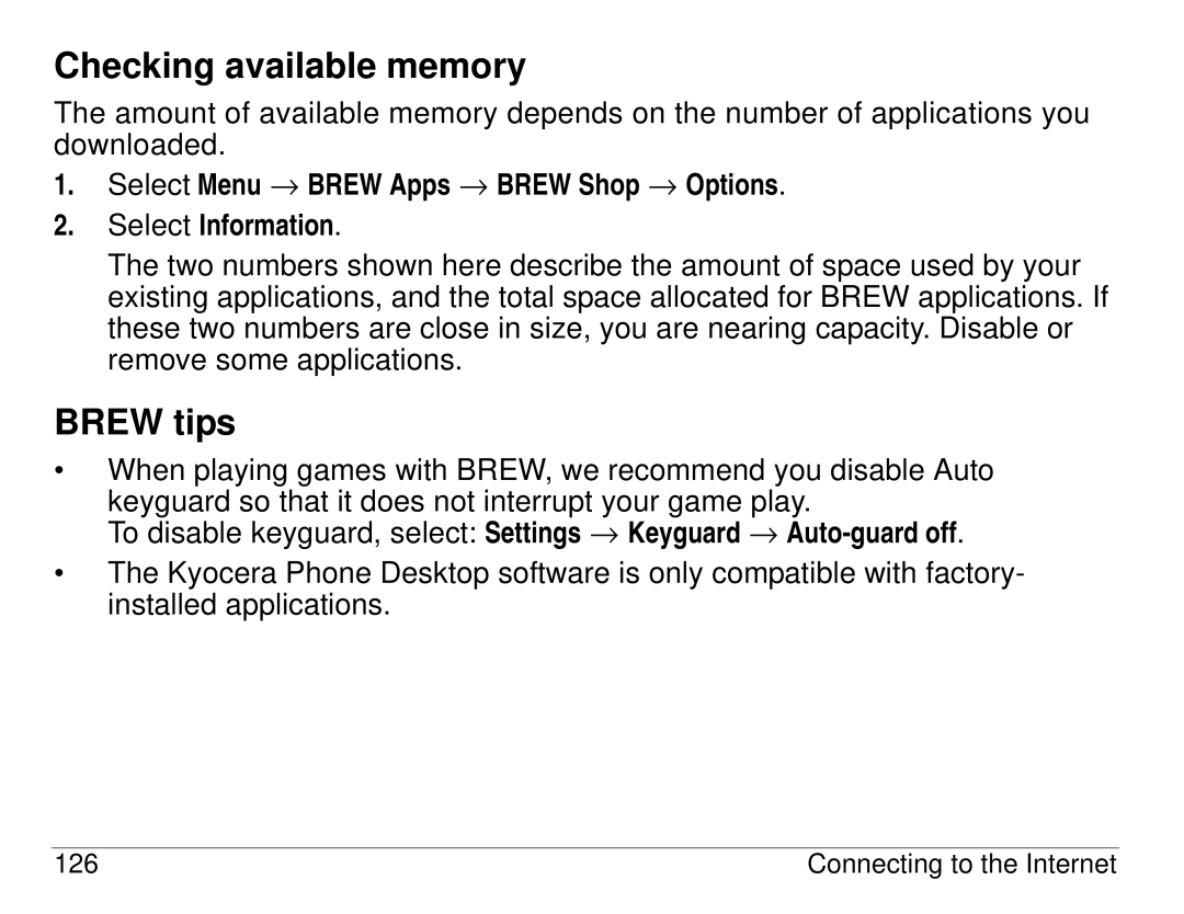 Kyocera 3225, 3200 series manual Checking available memory, Brew tips 