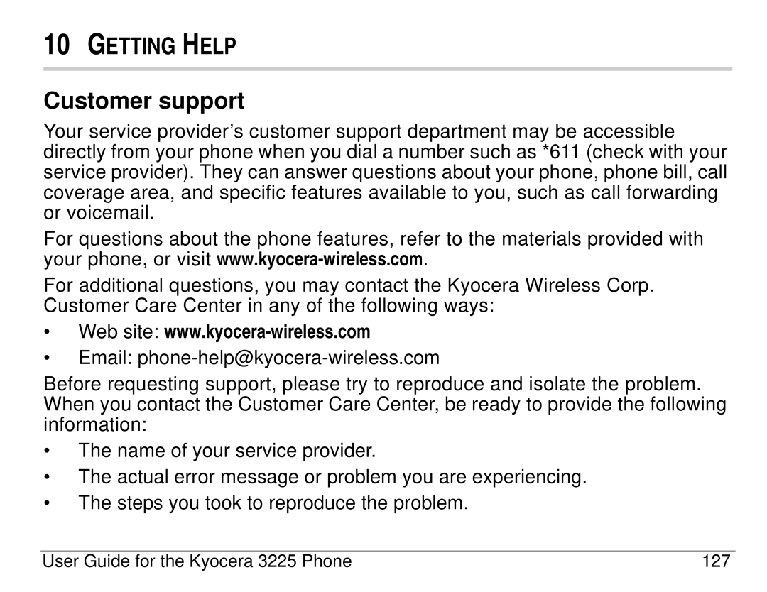 Kyocera 3200 series, 3225 manual Getting Help, Customer support 