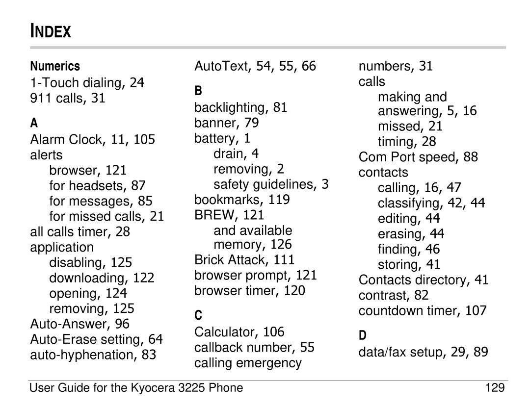 Kyocera 3200 series, 3225 manual Index, Numerics 