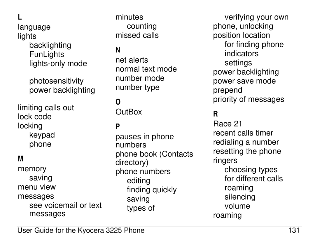 Kyocera 3200 series manual User Guide for the Kyocera 3225 Phone 131 