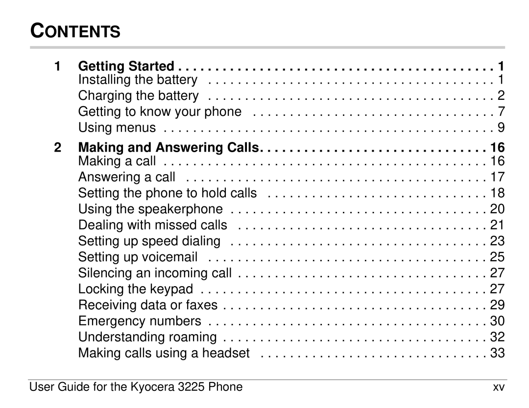 Kyocera 3200 series, 3225 manual Contents 