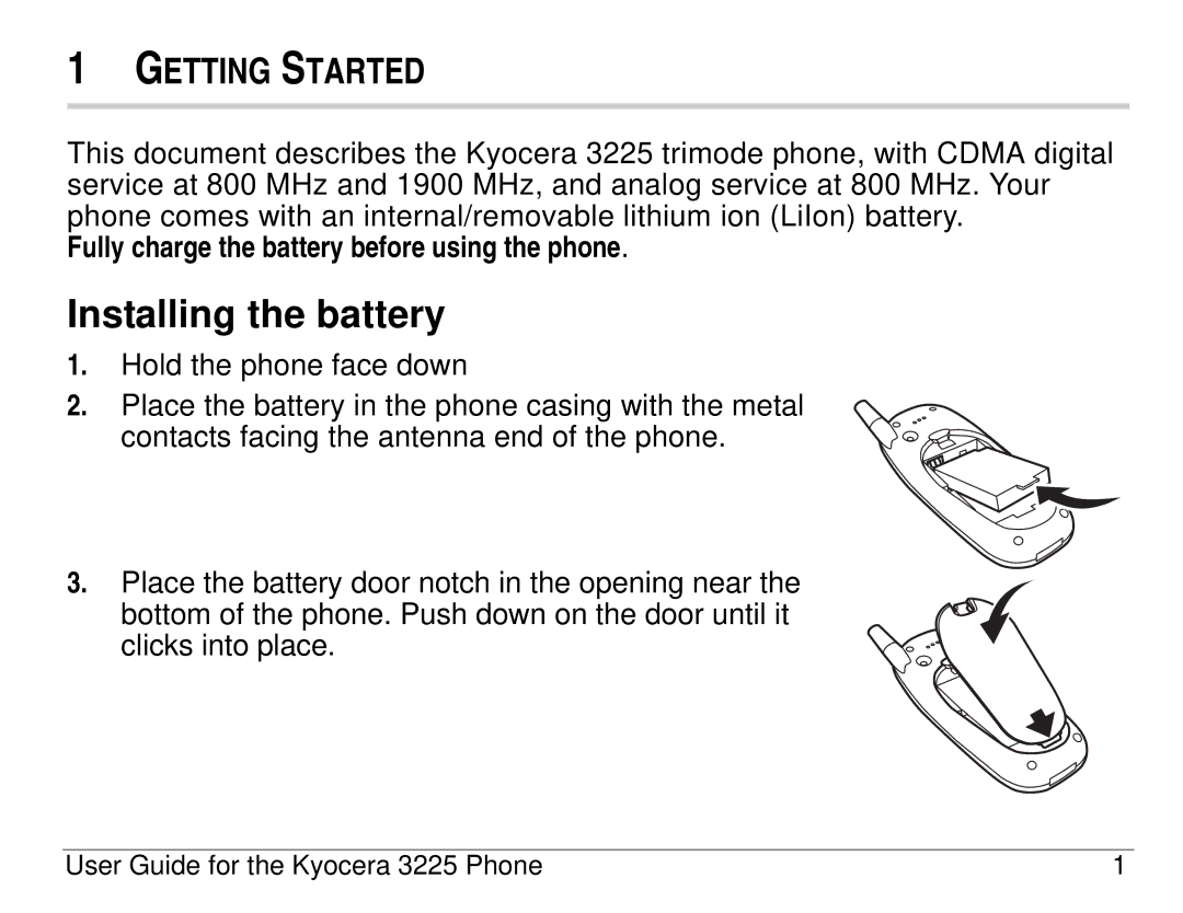 Kyocera 3200 series, 3225 manual Installing the battery, Fully charge the battery before using the phone 