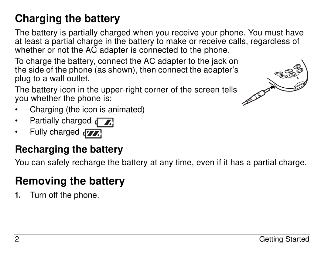 Kyocera 3225, 3200 series manual Charging the battery, Removing the battery, Recharging the battery 