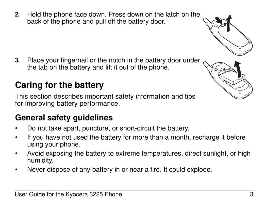 Kyocera 3200 series, 3225 manual Caring for the battery, General safety guidelines 