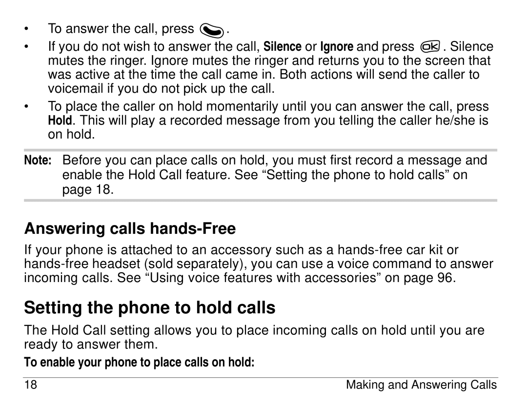 Kyocera 3225 Setting the phone to hold calls, Answering calls hands-Free, To enable your phone to place calls on hold 