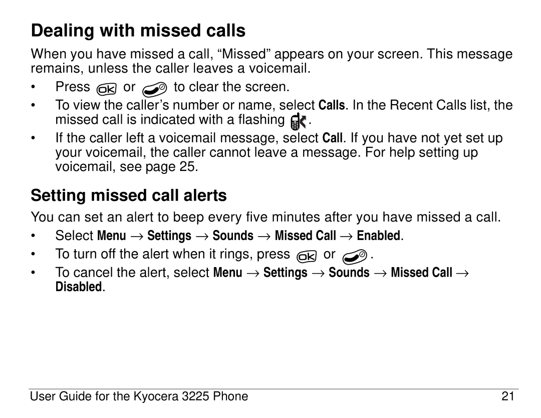 Kyocera 3200 series, 3225 manual Dealing with missed calls, Setting missed call alerts 