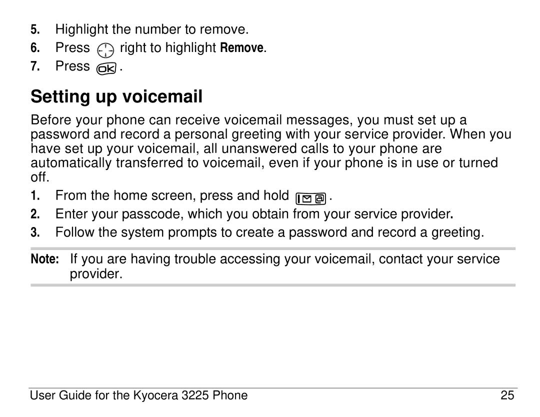 Kyocera 3200 series, 3225 manual Setting up voicemail 