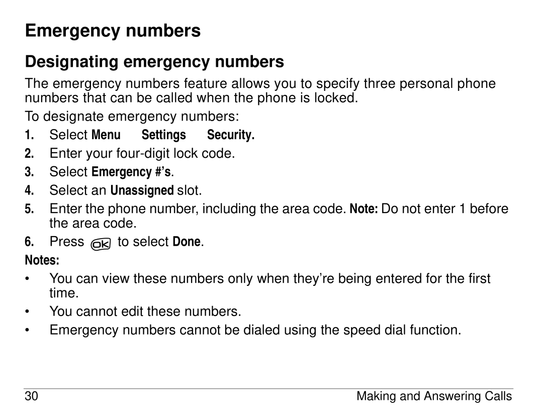 Kyocera 3225 Emergency numbers, Designating emergency numbers, Select Menu → Settings → Security, Select Emergency #’s 