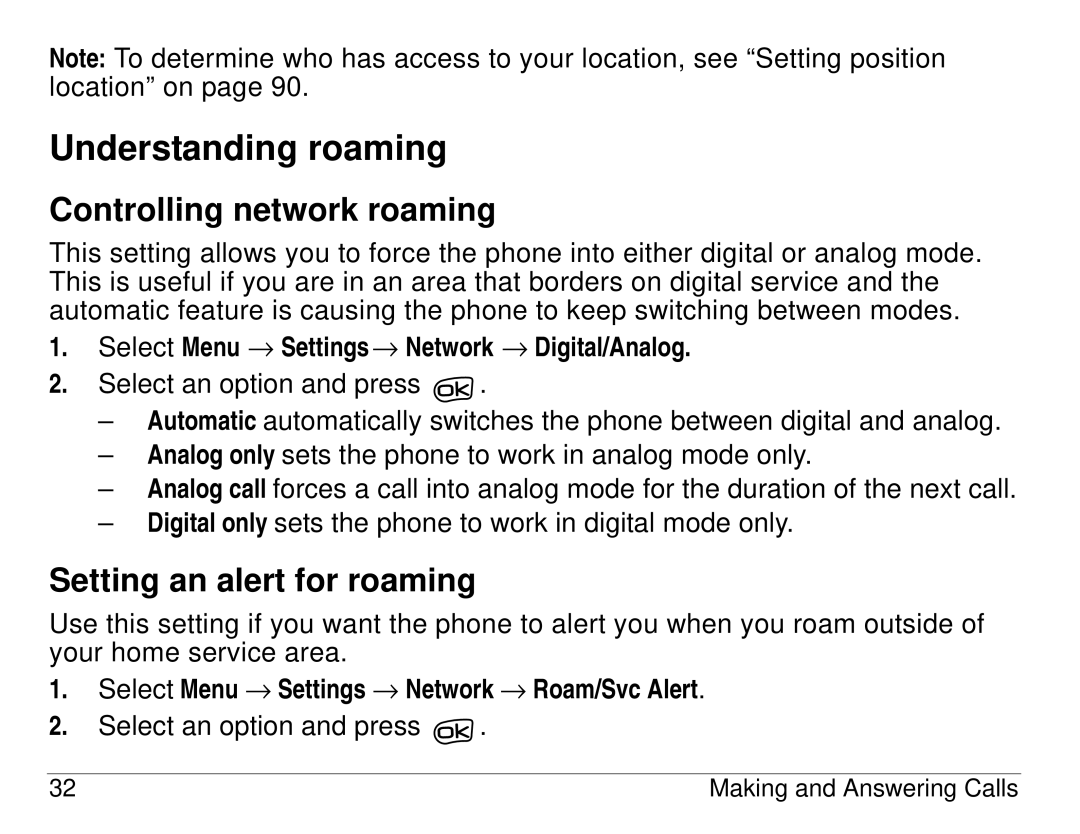 Kyocera 3225, 3200 series manual Understanding roaming, Controlling network roaming, Setting an alert for roaming 