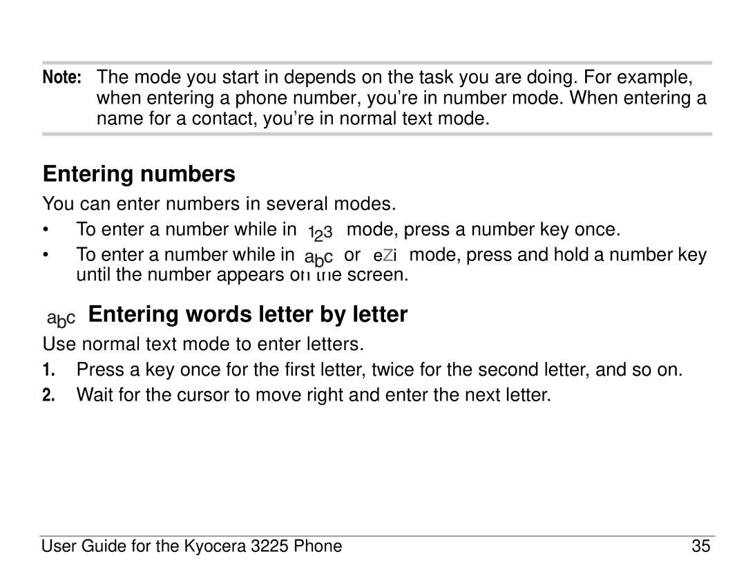 Kyocera 3200 series, 3225 manual Entering numbers, Entering words letter by letter 