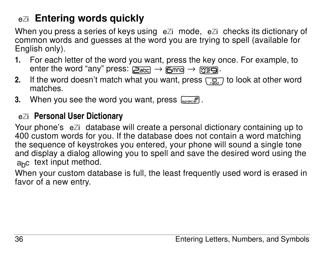 Kyocera 3225, 3200 series manual Entering words quickly, Personal User Dictionary 