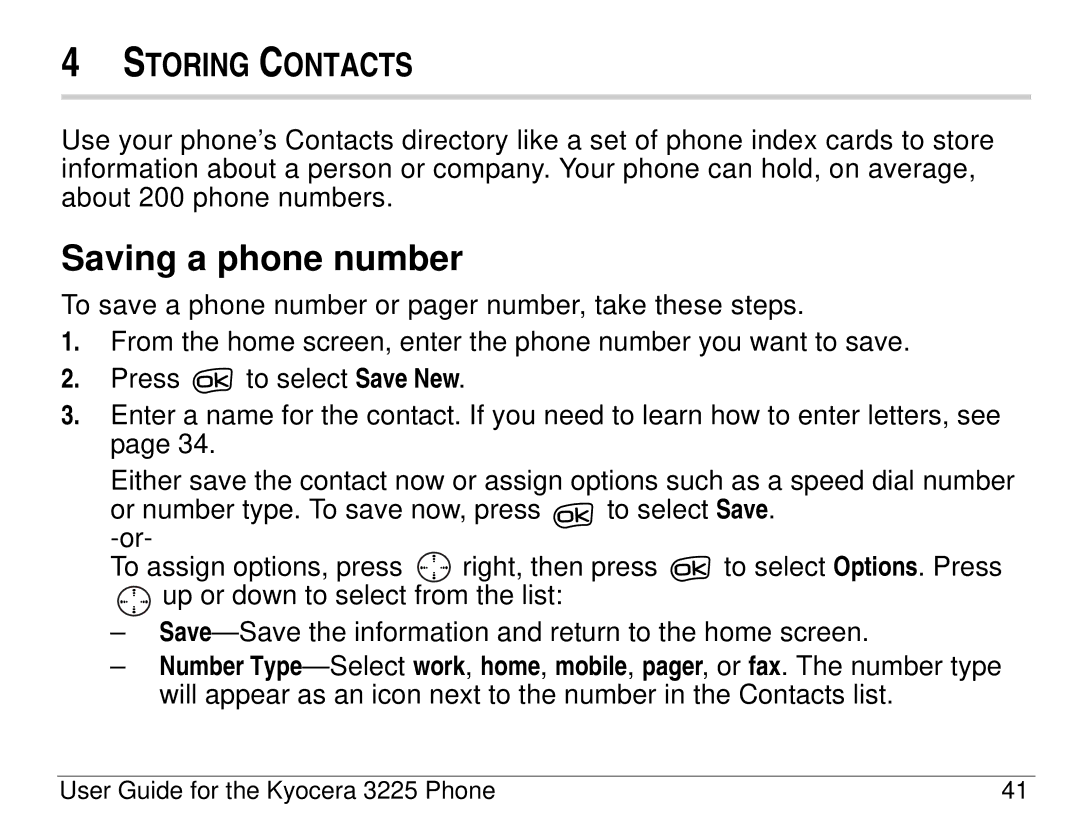 Kyocera 3200 series, 3225 manual Saving a phone number, Storing Contacts 