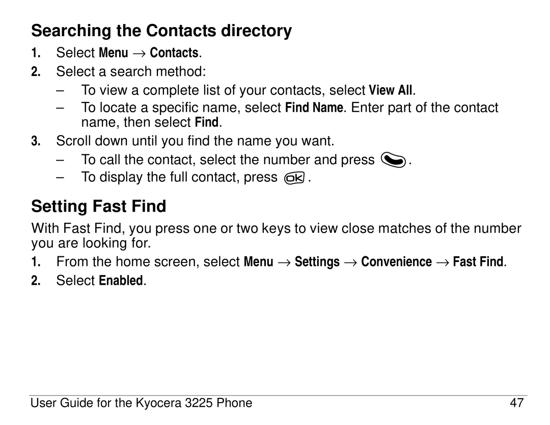 Kyocera 3200 series, 3225 manual Searching the Contacts directory, Setting Fast Find, Select Menu → Contacts 