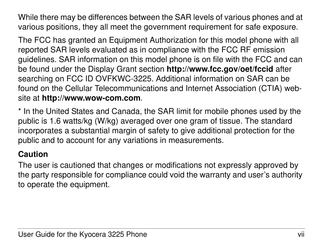 Kyocera 3200 series manual User Guide for the Kyocera 3225 Phone Vii 