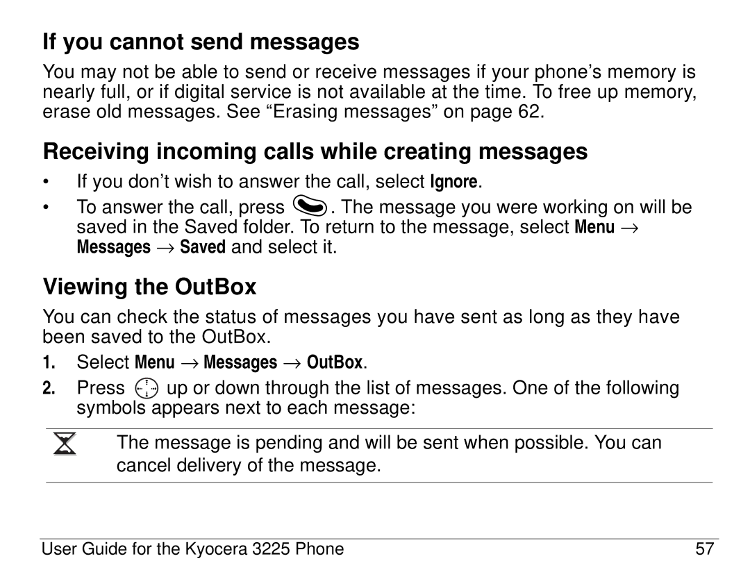 Kyocera 3200 series If you cannot send messages, Receiving incoming calls while creating messages, Viewing the OutBox 