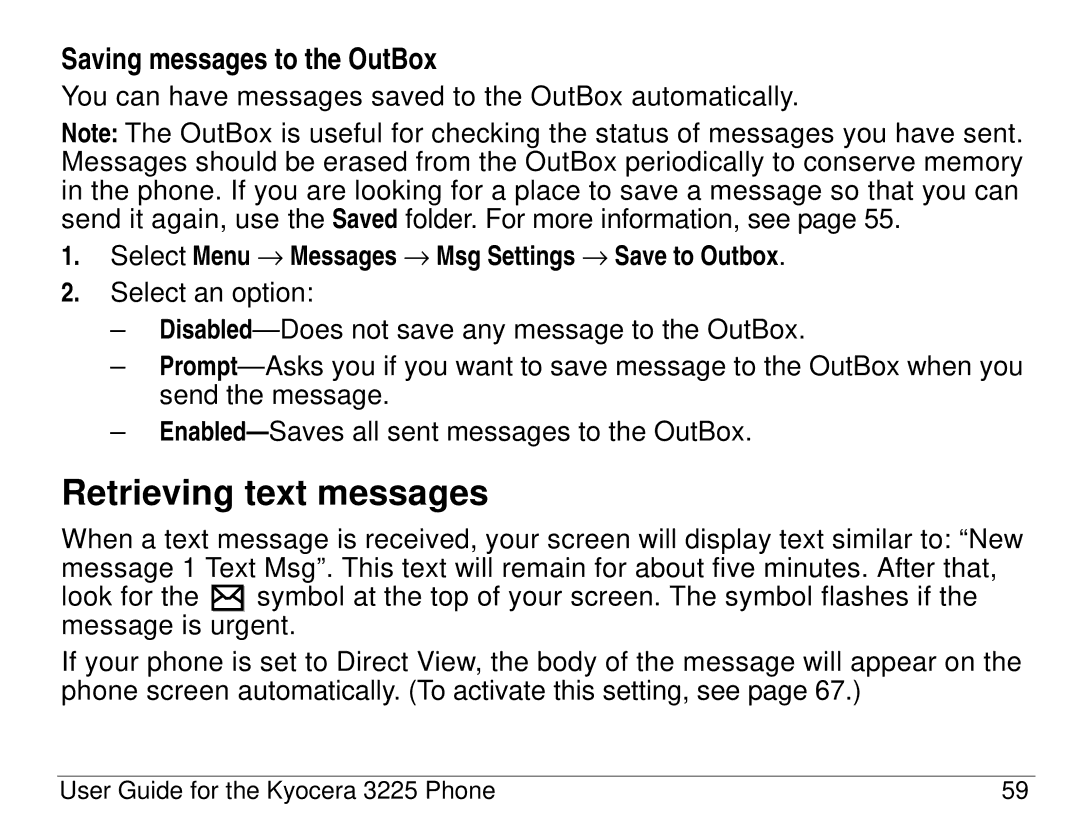 Kyocera 3200 series, 3225 manual Retrieving text messages, Saving messages to the OutBox 