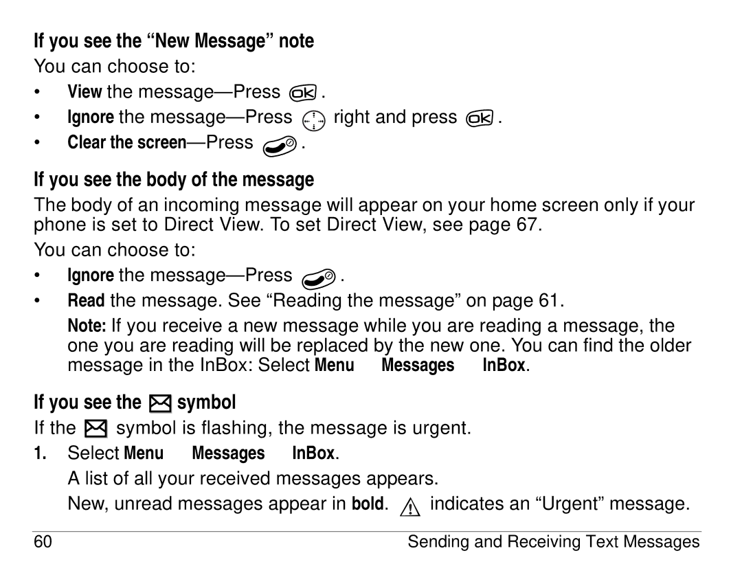 Kyocera 3225, 3200 series manual If you see the New Message note, If you see the body of the message, If you see the symbol 