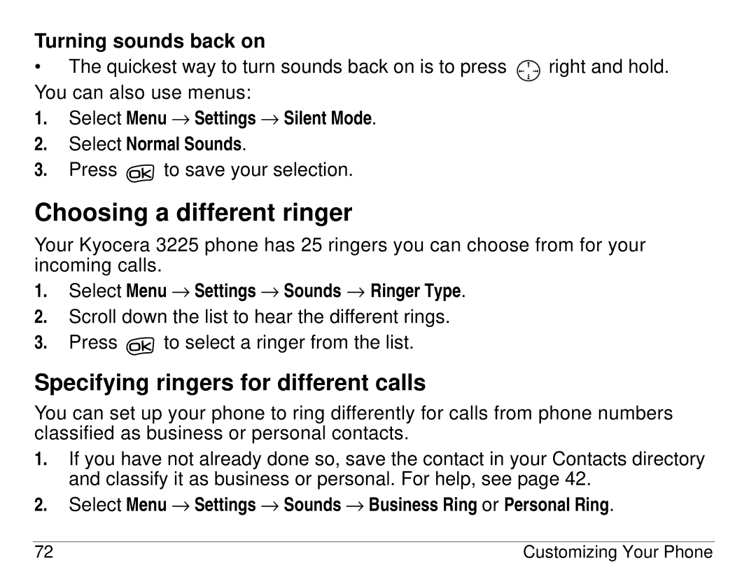 Kyocera 3225, 3200 series manual Choosing a different ringer, Specifying ringers for different calls 