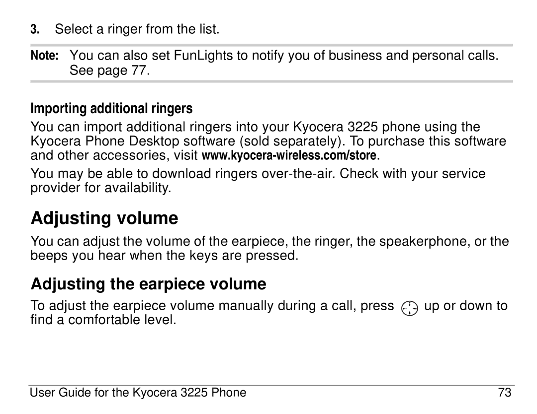 Kyocera 3200 series, 3225 manual Adjusting volume, Adjusting the earpiece volume, Importing additional ringers 