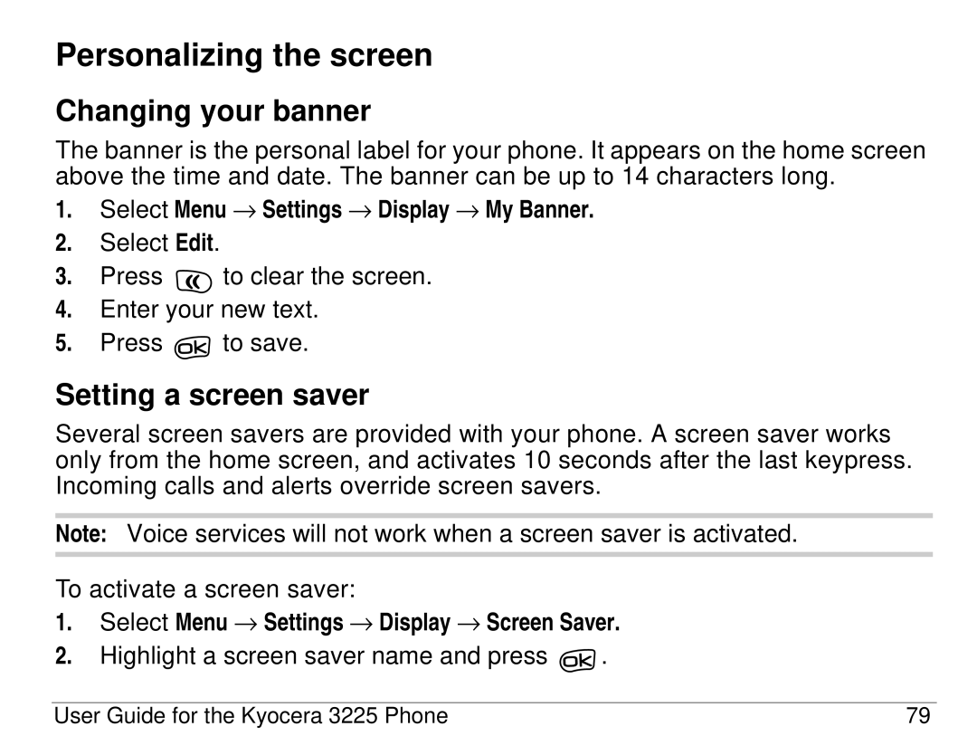 Kyocera 3200 series, 3225 manual Personalizing the screen, Changing your banner, Setting a screen saver 